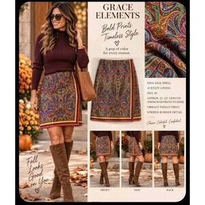 Preppy Fall 100% Silk Satin Paisley A-Line Knee-Length Lined Skirt Size 10